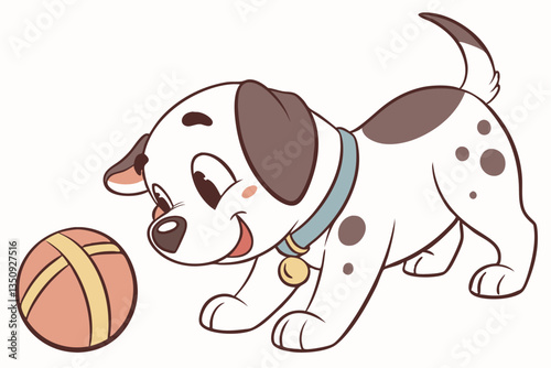 puppy cartoon set. cute spotted white brown dog, funny little animal character playing ball collar bone domestic pet vector illustration