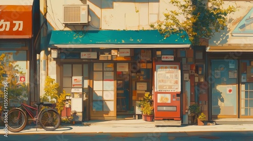 昭和の香り漂う日本の街並み風景 食堂の前に立つ人物と並ぶ自転車、植木が印象的な優しい色合いの夕景イラスト 商店街背景素材 ノスタルジー
