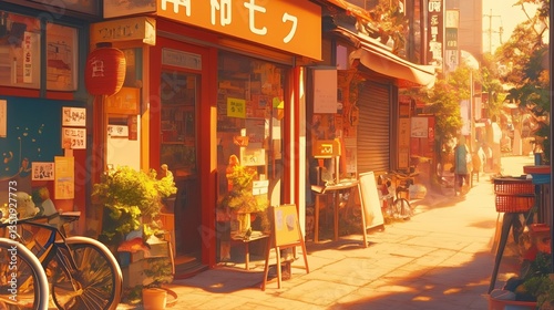 夕暮れに染まる昭和レトロな商店街 食堂の前に並ぶ自転車と観葉植物がノスタルジーを演出する日本の街角風景 背景用にも適したイラスト素材