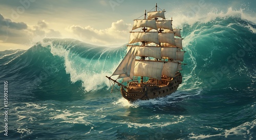 Fototapeta Naklejka Na Ścianę i Meble -  Sailing Ship Navigating Rough Seas with Giant Wave and Cloudy Sky