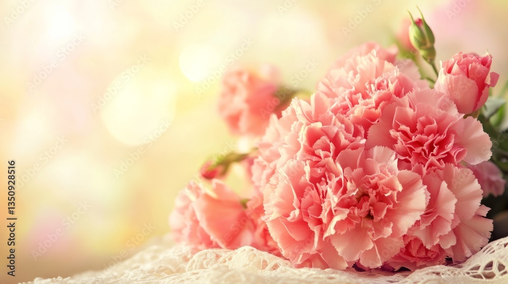 Vibrant bouquet of pink carnations and roses on lace, radiating warmth and heartfelt emotion.
Vibrant bouquet of pink carnations and roses on lace, radiating warmth and heartfelt emotion.