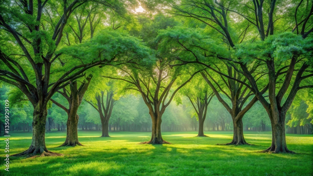 Serene Grove Majestic Trees in a Lush Meadow Bathed in Sunlight's Golden Embrace Serene Grove Majestic Trees in a Lush Meadow Bathed in Sunlight's Golden Embrace