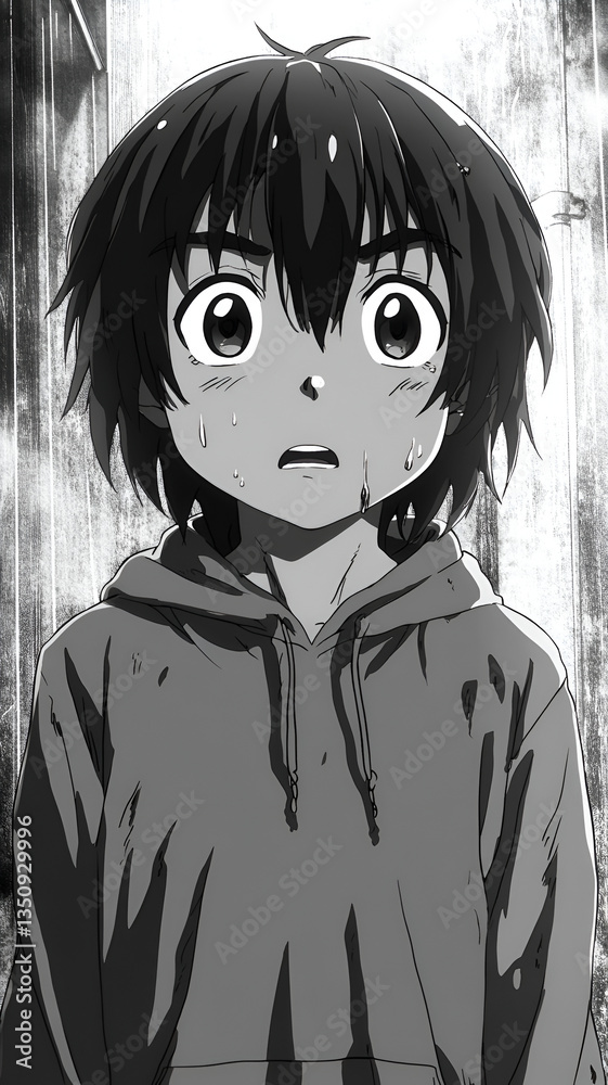 Obraz premium surprised young character with wet hair stands in dramatic black and white scene, conveying intense emotion