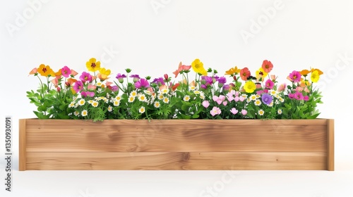 A rectangular wooden planter box filled with colorful flowers, isolated on a clean white background.