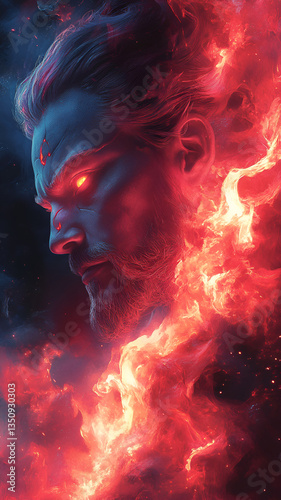 dramatic anime villain with glowing red eyes and fiery background, exuding power and intensity