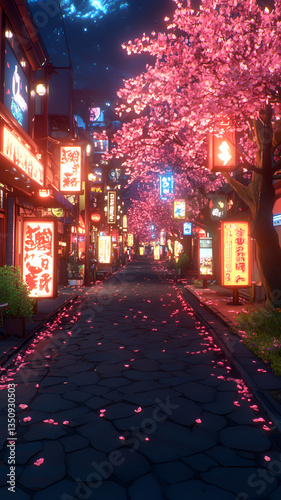 vibrant street scene filled with cherry blossom trees, glowing lanterns, and colorful signs in bustling city at night