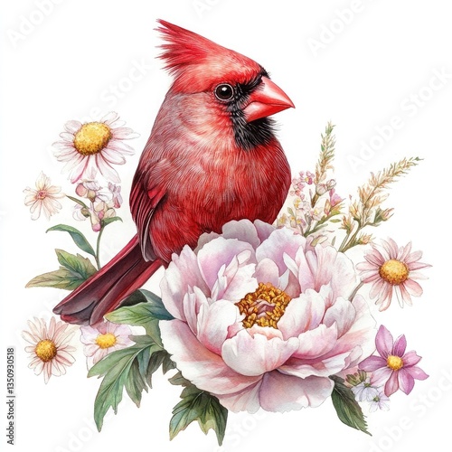 Vibrant watercolor painting of a male Northern Cardinal perched amidst delicate pink peonies and wildflowers. The rich red of the bird contrasts beautifully with the soft pastel hues of the flowers, 