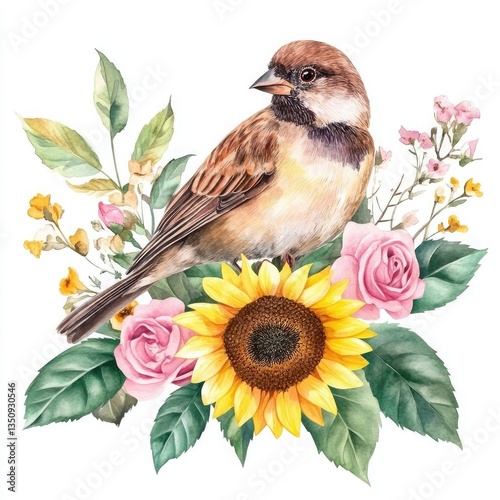 A watercolor painting of a sparrow perched amidst sunflowers and roses. The delicate details and soft colors create a serene and beautiful image.