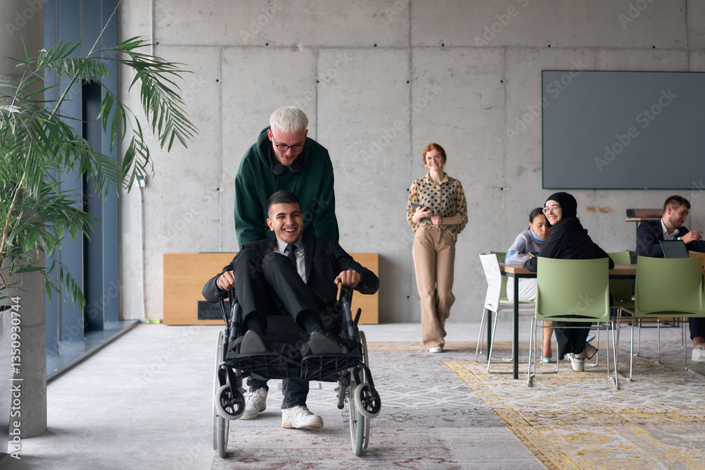 Obraz premium Employee Entertaining Director in a Wheelchair While Rolling Through the Office with Laughter and Joy.