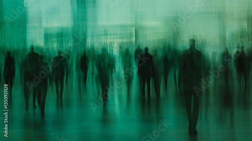 Blurred city crowd walking, green tones, urban background, motion graphic