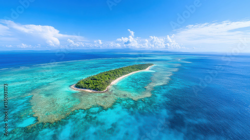 Aerial view of tropical island surrounded by vibrant blue waters and coral reefs, showcasing