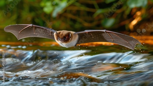 Long eared bat hovering above a river scanning the water for insects its echolocation pulses visible photo