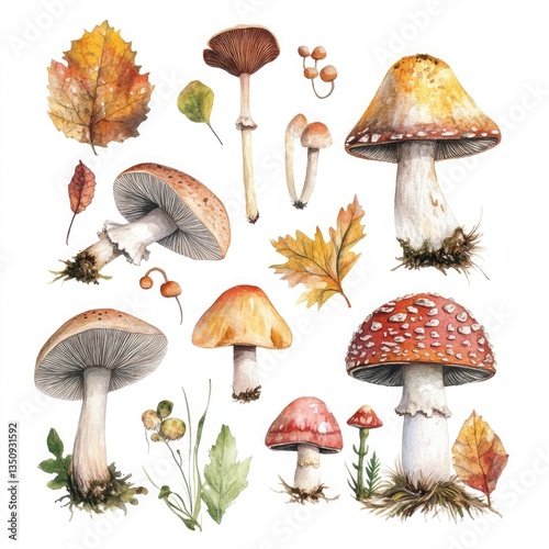A watercolor painting of various mushrooms and autumn leaves.  Vibrant colors and intricate details showcase a beautiful collection of fungi.