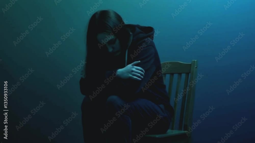 A depressed woman sitting alone in a dimly lit room. Generative Ai