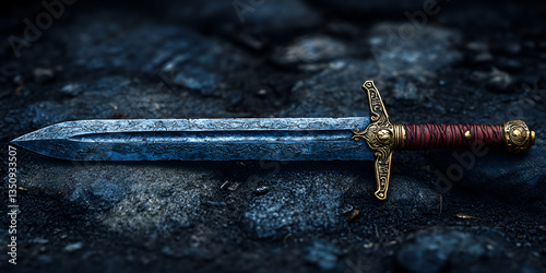stunning sword with intricate designs and golden hilt rests on rocky surface, evoking sense of adventure and mystery