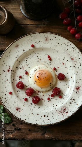 beautifully arranged fine dining plate featuring poached egg surrounded by fresh raspberries and decorative spices