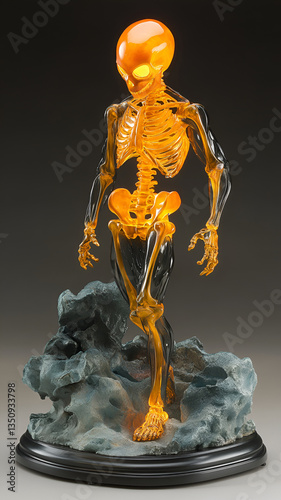 monstrous figure with skeletal body, glowing orange head, and black limbs, standing on rocky base
