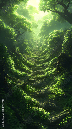 serene forest path illuminated by soft sunlight, surrounded by lush greenery and vibrant foliage, evokes sense of tranquility