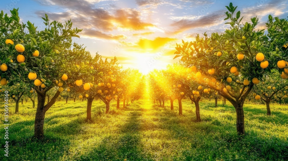 Fototapeta premium Golden Sunset in a Fruit Grove