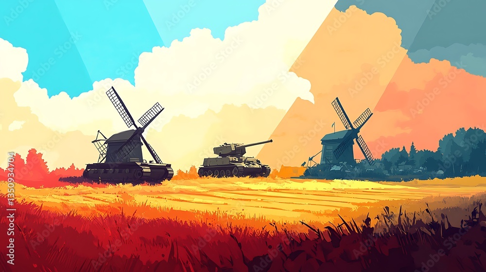 Fototapeta premium Tanks with Windmills, and Rural Landscape.