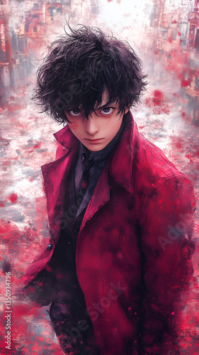 striking anime character stands confidently vibrant red coat, surrounded by dramatic, stormy backdrop filled with swirling