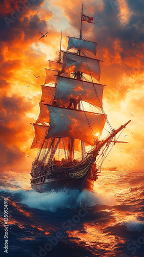majestic pirate ship sails through turbulent waters dramatic sunset, with vibrant colors illuminating sky and waves crashing