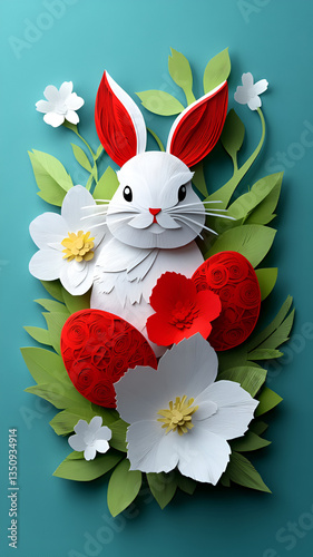 artistic paper cut illustration of Easter bunny surrounded by flowers and leaves, evoking festive and cheerful atmosphere
