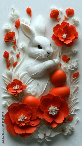 whimsical paper cut illustration featuring white rabbit surrounded by vibrant red flowers and Easter eggs, evoking festive