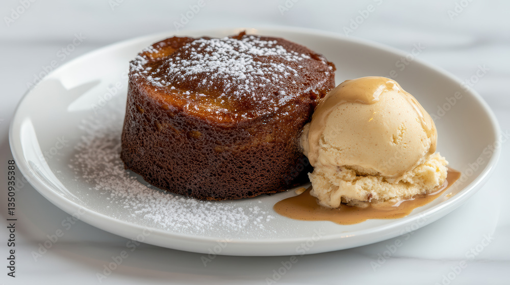 Molten lava cake served with creamy ice cream and drizzled sauce, delightful dessert experience