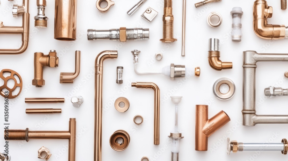 Obraz premium Neatly arranged plumbing components, showcasing precision and organization in design. 