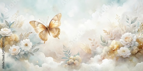 Serene Golden Butterfly Amidst Watercolor Floral Cloudscape and Delicate Botanical Elements