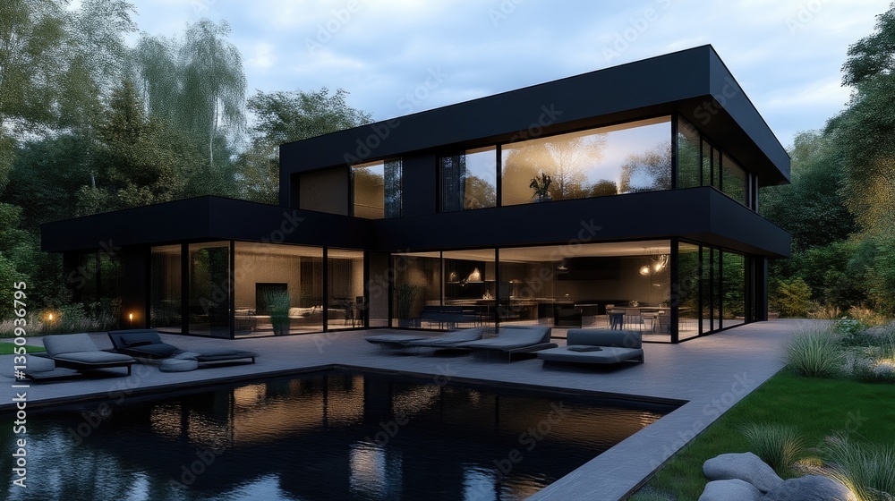 Modern luxury home with pool and patio. Dark exterior, glass walls, and contemporary design. Evening view Modern luxury home with pool and patio. Dark exterior, glass walls, and contemporary design. Evening view