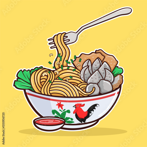 Cartoon illustration of Noodles and Bakso or  Meatball . a delicious Indonesian street food .