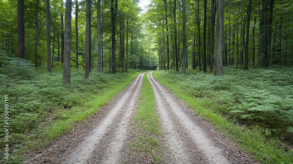 Fototapeta premium serene hiking trail winding through lush green forest, surrounded by tall trees and ferns