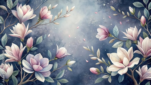 Serene Twilight Magnolia Blossoms A Delicate Watercolor Floral Illustration Featuring Exquisitely Rendered Blooms and Lush Foliage Against a Dreamy Dusk Sky Background