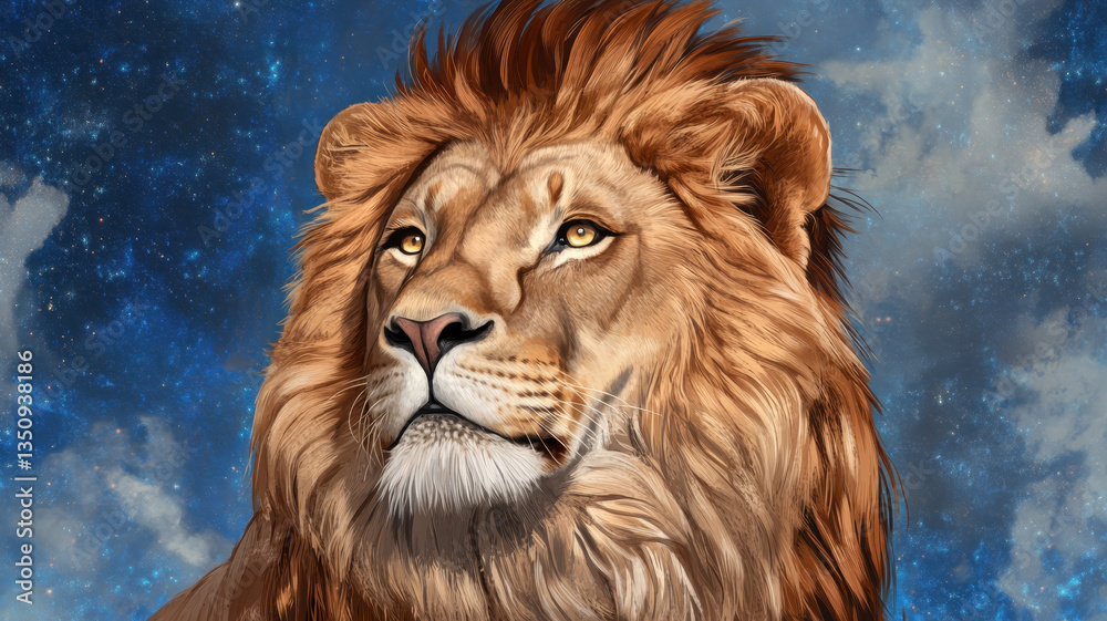 Naklejka premium Majestic Lion Portrait Against a Starry Night Sky Background
