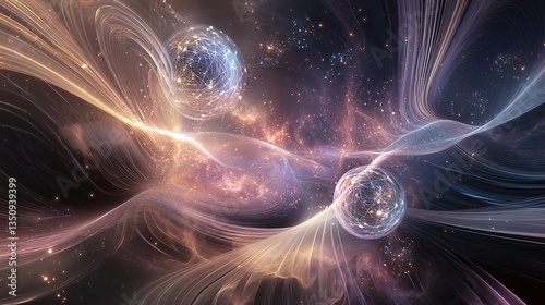 Gravity waves and quantum particles merge in a surreal dance, exploring the fabric of spacetime.
