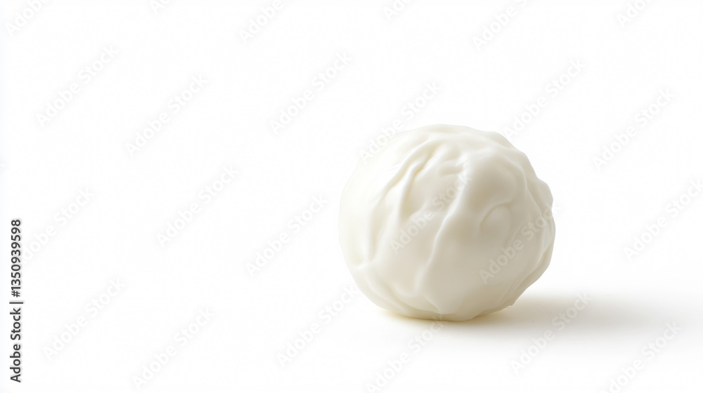 A single burrata cheese ball isolated on a pure white background, emphasizing its smooth, milky texture with soft lighting A single burrata cheese ball isolated on a pure white background, emphasizing its smooth, milky texture with soft lighting