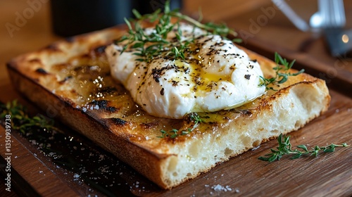 A slice of warm focaccia bread topped with a piece of burrata, drizzled with truffle oil and sea salt