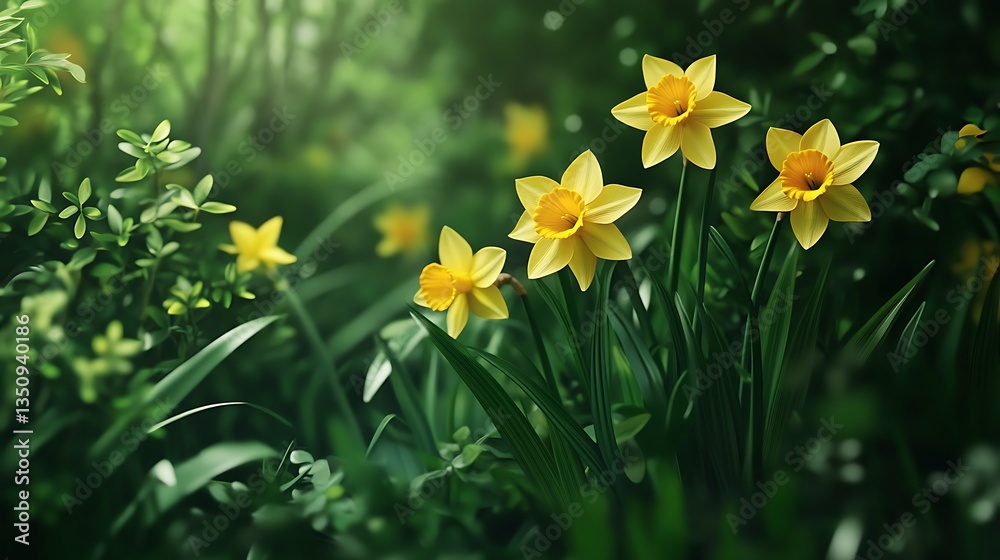 Obraz premium Yellow daffodil standing tall in a sunny garden high-resolution picture