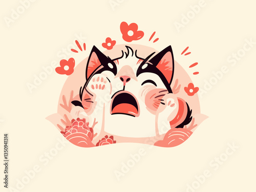 A cat touches its head with one hand and sticks out its tongue
