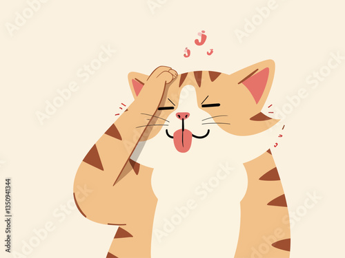 A cat touches its head with one hand and sticks out its tongue