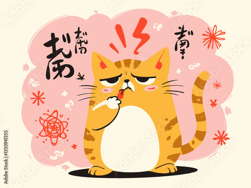 A cat touches its head with one hand and sticks out its tongue