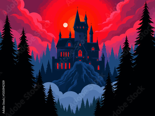 creepy and overbearing massive gothic academy in a dense pine forest, pointy architecture 