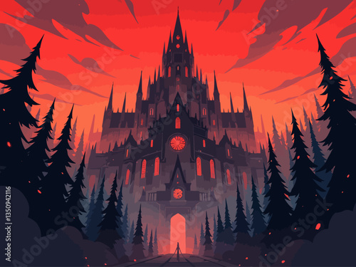 creepy and overbearing massive gothic academy in a dense pine forest, pointy architecture 