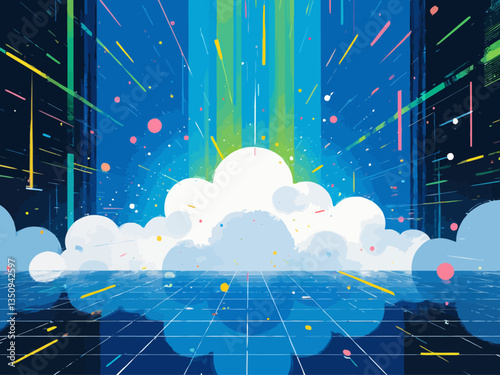 A futuristic cloud technology background with glowing data streams, dynamic light rays, and abstract digital grids, soft blue and white gradient tones with hints of green