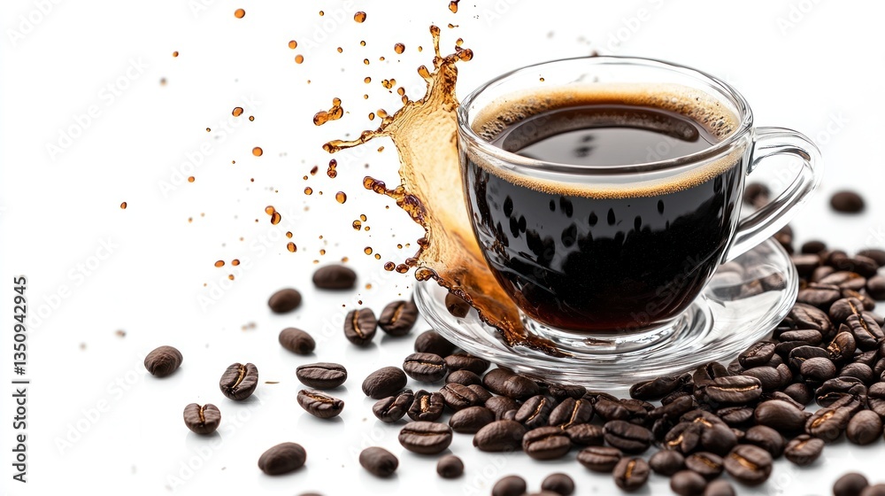 Fototapeta premium Dark Coffee Splash Glass Cup Beans Background