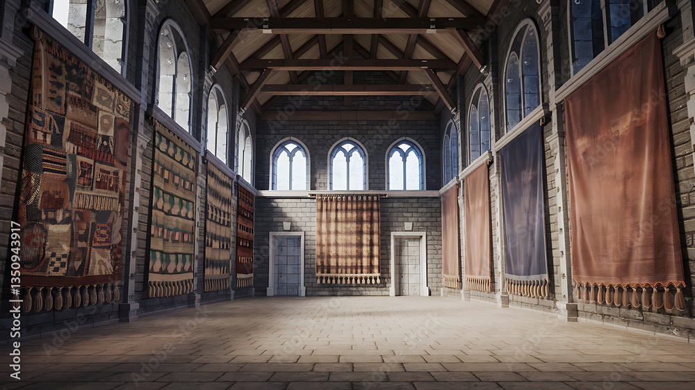 Medieval hall with tapestries and arched windows Medieval hall with tapestries and arched windows