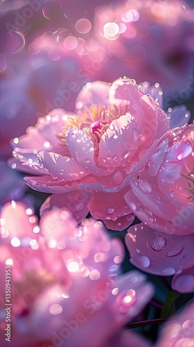 Dreamy pink peonies with sparkling raindrops