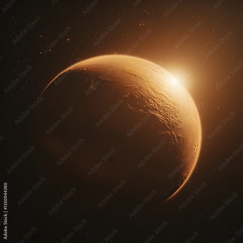 Fototapeta premium A stunning sunrise illuminates the rusty Martian landscape showcasing the planet's rugged terrain and desolate beauty in space.